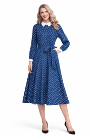 Dark Blue Geo Printed Belted Flared Midi Dress with a White Collar