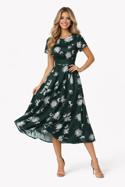 Ladylike Forest Green Dahlia-Print Midi Dress