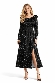 Flirty Petal Print Long Sleeve Slit Dress in Satin