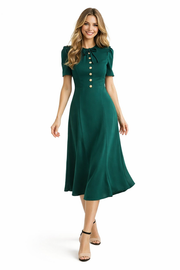 Vintage-inspired Forest Green Button Front Crepe Midi Dress