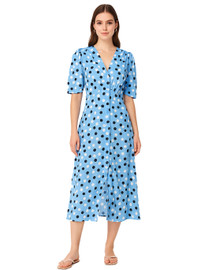 Sky-Blue Polka Dot Midi Dress with V-Neckline and Side Slit