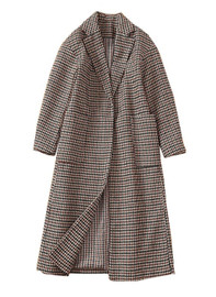 Classic Beige Checkered Coat with Straight Cut and Lapel Collar