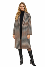 Classic Beige Checkered Coat with Straight Cut and Lapel Collar