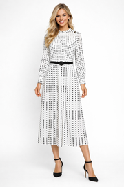 Timeless Monochrome Print Midi Dress with High Neck and Pleated Skirt