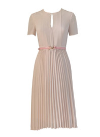 Pastel Pink Flared Pleated Midi Dress with Keyhole Detail