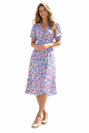 Lavender Floral Midi Dress with V-neck and Short Sleeves