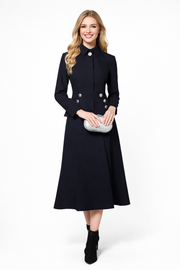 Navy Military-Style Blazer & A-line Midi Skirt Set