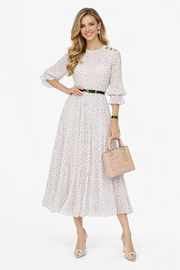Polka Dot Jacquard Chiffon Dress with Ruffle Sleeves and Pleated Skirt
