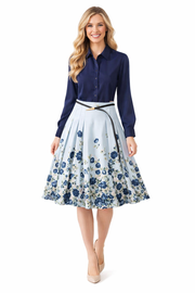 Deep Blue Satin Blouse & Floral Print High Waist Skirt Set
