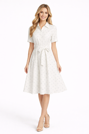 Tonal Blue Graphic Polka Dot Cotton Shirtdress with Self-Tie Belt