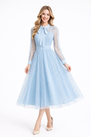 Dust Blue Pussy Bow Embroidered Tulle Dress
