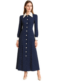 Navy Polka Dot Button-Down Midi Shirt Dress in Long Length