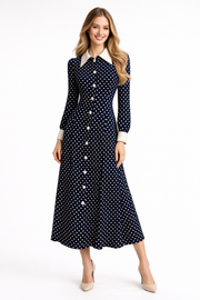 Navy Polka Dot Button-Down Midi Shirt Dress in Long Length
