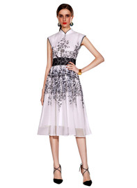Elegant Oriental Fit-and-Flare Chiffon Midi Dress with Mandarin Collar
