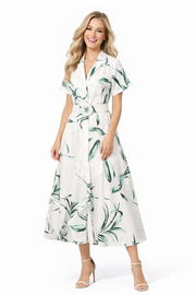 Tropical Leaf Print Mid-length Shirt Dress with Button Front