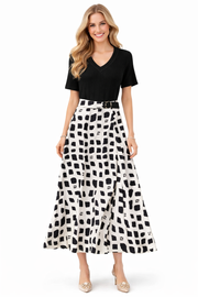 Black V-Neck Knitted Top and Belted Two-Tone Side Slit Midi Skirt Set