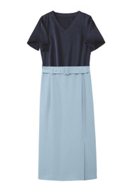 Navy Slit Short Sleeve Blouse and High-Waisted Pencil Blue Skirt