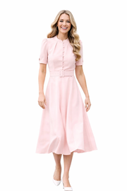 Blush Pink Puffy Fit-&-Flare Midi Dress with Mandarin Collar