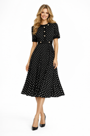 Polka Dot Pleated Dress with Cinched Waist and Gold Buttons