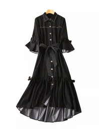 Black Denim-Like Tiered Shirt Dress with Asymmetric Hem