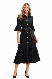 Black Denim-Like Tiered Shirt Dress with Asymmetric Hem