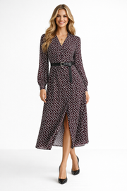 V-Neck Geometric Print Silk Midi Dress with Belt