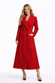 Red Longline Military Wool Coat with Double-Breasted Front