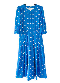 Vintage Dark Blue Polka Dot Pleated Midi Dress with Belted Waist