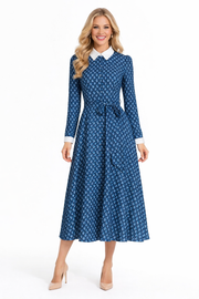 Dark Blue Geometric Printed Belted Flared Midi Dress