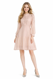 Embroidered Eyelet Knee-Length Dress with Stand-up Collar