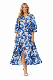 Blue and White Mosaic Pattern Midi Dress in Bobo Style
