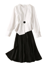 Asymmetric White Blouse with Snap Button & Black High-rise A-line Skirt Set