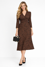 Abstract Print Ruched Front Flared Midi Silk Dress with 1930's Style