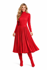 Red Turtle Neck Knit Top and High-Waist Pleated Midi Skirt Set