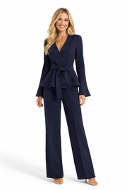 Navy Ruffled Peplum Wrap Jacket & High Waist Wide-leg Pants