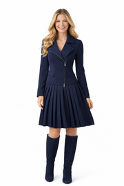 Navy Zip-up Moto Jacket & Knife-pleated Short Skirt Set