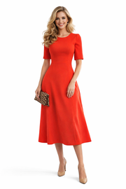 Coral Red Round Neck Short Sleeve Fit-and-Flared Midi Dress
