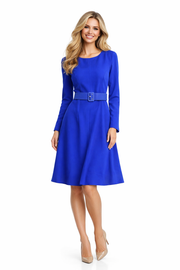 Royal Blue Round Neck Belted Fit and Flare A-line Dress