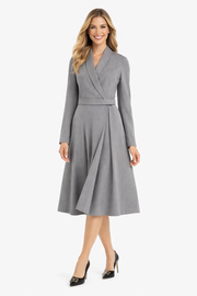 Grey Shawl Collared Wrap Fit-and-Flare Dress