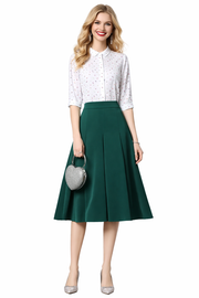 Bracelet Sleeve Print Shirt & High-waist Flared Green Skirt