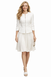 Ivory Peplum Jacket and Knife Pleated Skirt Set in a Collarless Design