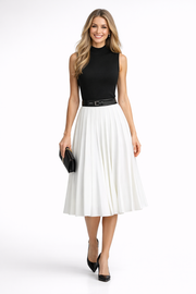Two-Piece Black Knit Sleeveless Top and White Knife-Pleat A-Line Skirt Set