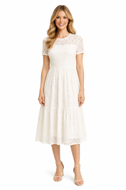 Short Sleeve Crochet Lace White 3-Tiered Dress