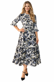 Vintage-inspired High Neck Crochet Floral Dress with 3/4 Sleeves