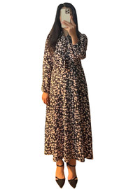 Floral Print Pussy-Bow A-line Shirt Dress in Brown and Black