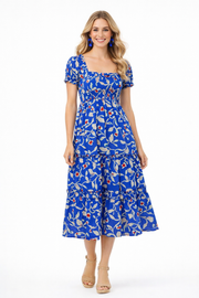 Blue Square Neck Shirred Midi Dress with Short Puff Sleeves