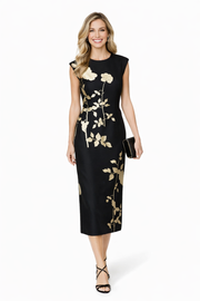 Black Cap-sleeve Embellished Floral-Jacquard Midi Dress