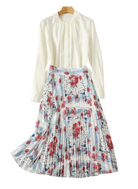 Pintuck White Blouse & High Waisted Pleated Floral Midi Skirt Set