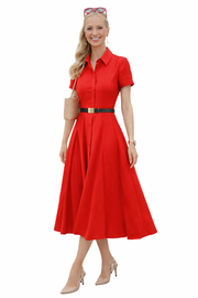 Red Shirt Collar Fit-and-Flare Pleated Shirt Dress