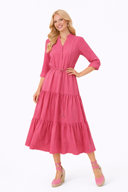 Hot Pink Cotton Chiffon Tiered Dress with Mandarin Collar